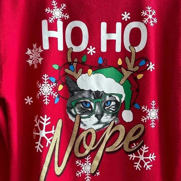 Ho Ho Nope Cat Ugly Christmas Sweater, Red Holiday Sweater, Glitter, Size Med - Picture 4 of 16